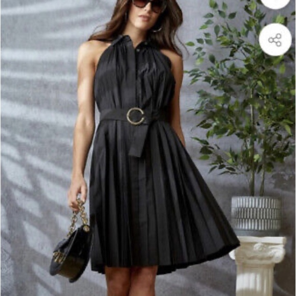 NWT Elie Tahari Pleated Fit & Flare Belted Halter Midi-Dress
